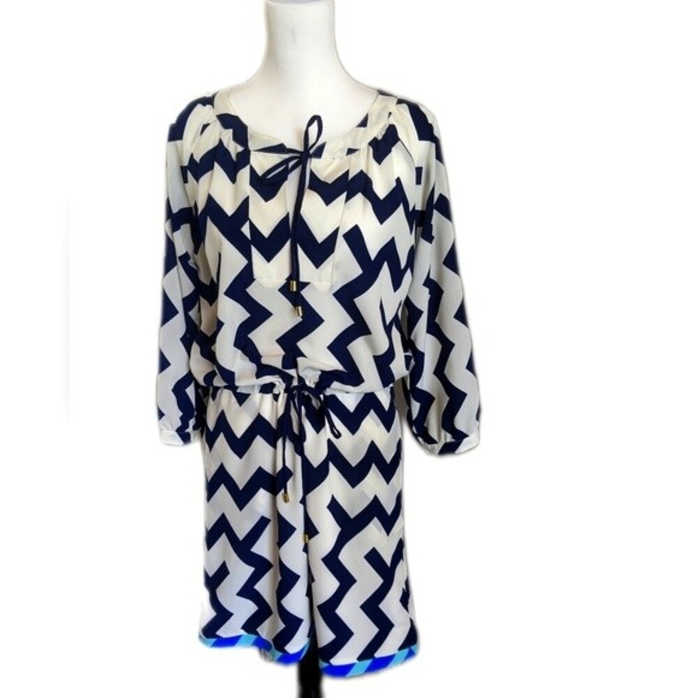 JB by Julie Brown NYC navy blue & white chevron drawstring waist dress - 8
